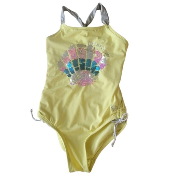 Justice One Piece Swimsuit Sequin Shell Racerback Sunshine Yellow Size 10 - Picture 2 of 13